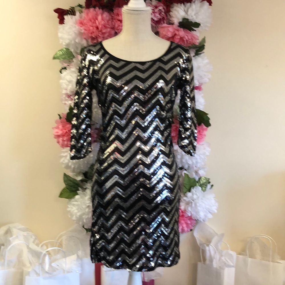 Black Sequin Chevron Dress - Elegant Party Dress